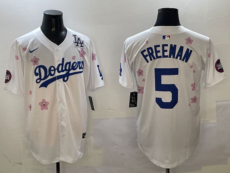 Men Los Angeles Dodgers 5 Freeman White Sakura Edition 2025 Nike MLB Jersey style 4